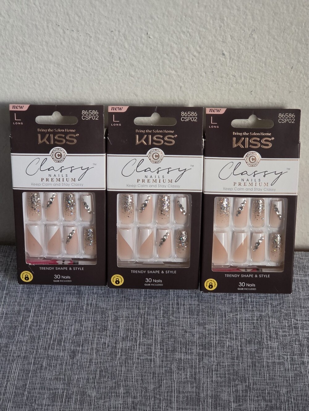 3 KISS Classy Premium Glue On Nails long Nails Rhinestones French New
